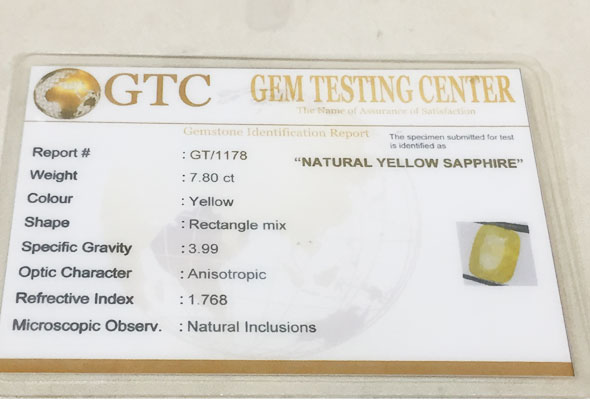 7.80 ct/8.60 ratti Natural Certified Ceylon Pukhraj/Yellow Sapphire